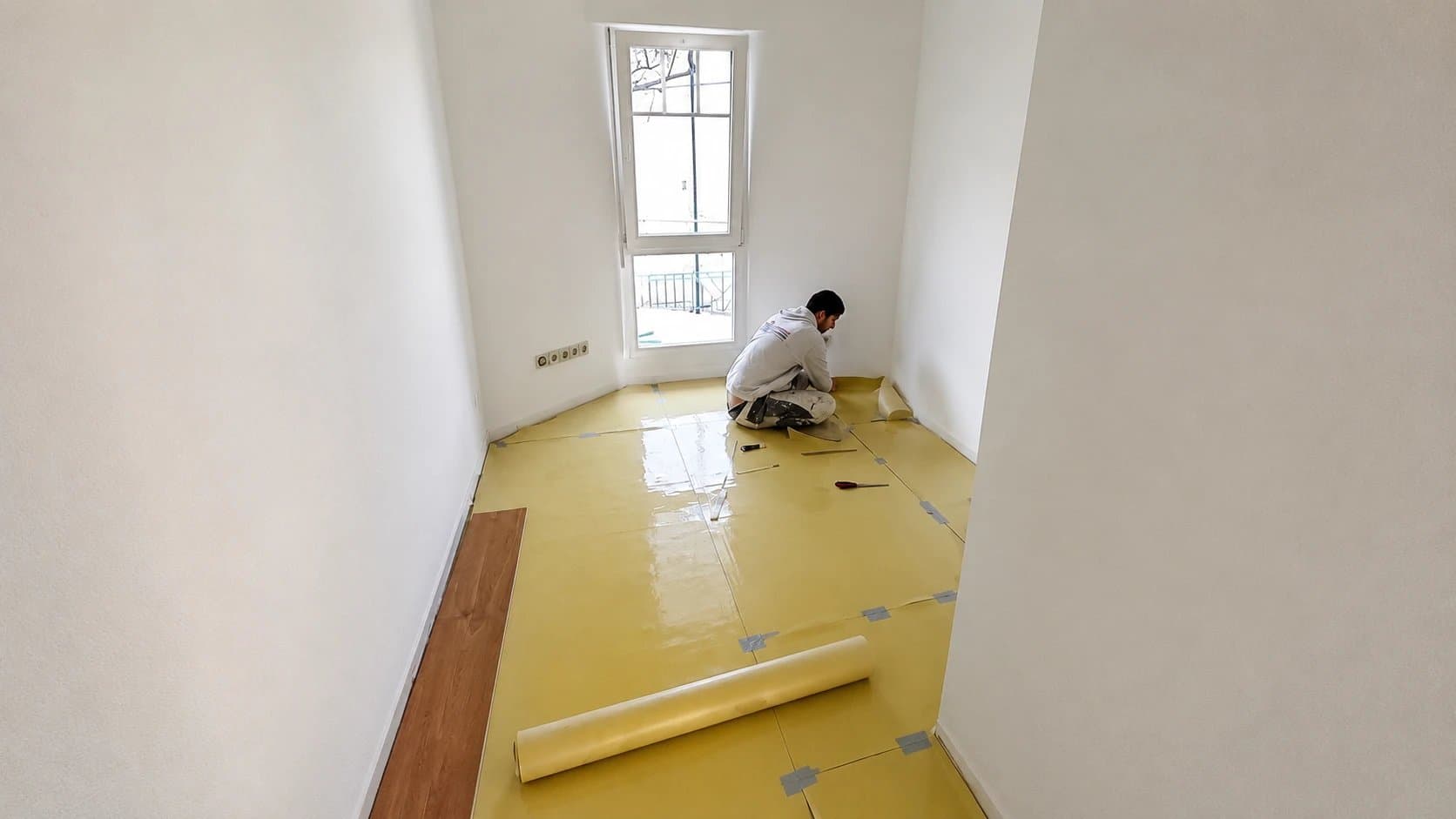 Mitarbeiter verlegt Laminat mit Schutzfolie im Vorbereich