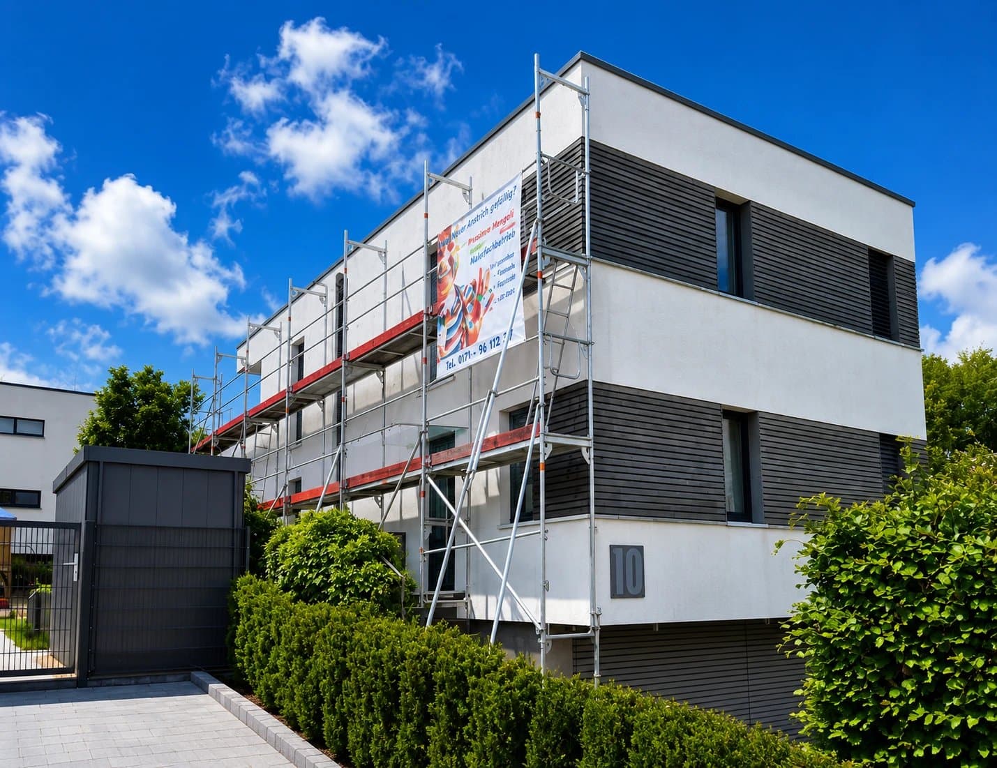 Moderne Hausfassade mit Gerüst während der Ausführung